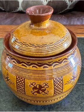 Artisan Yellow-Brown Decorative Lidded Ceramic Jar